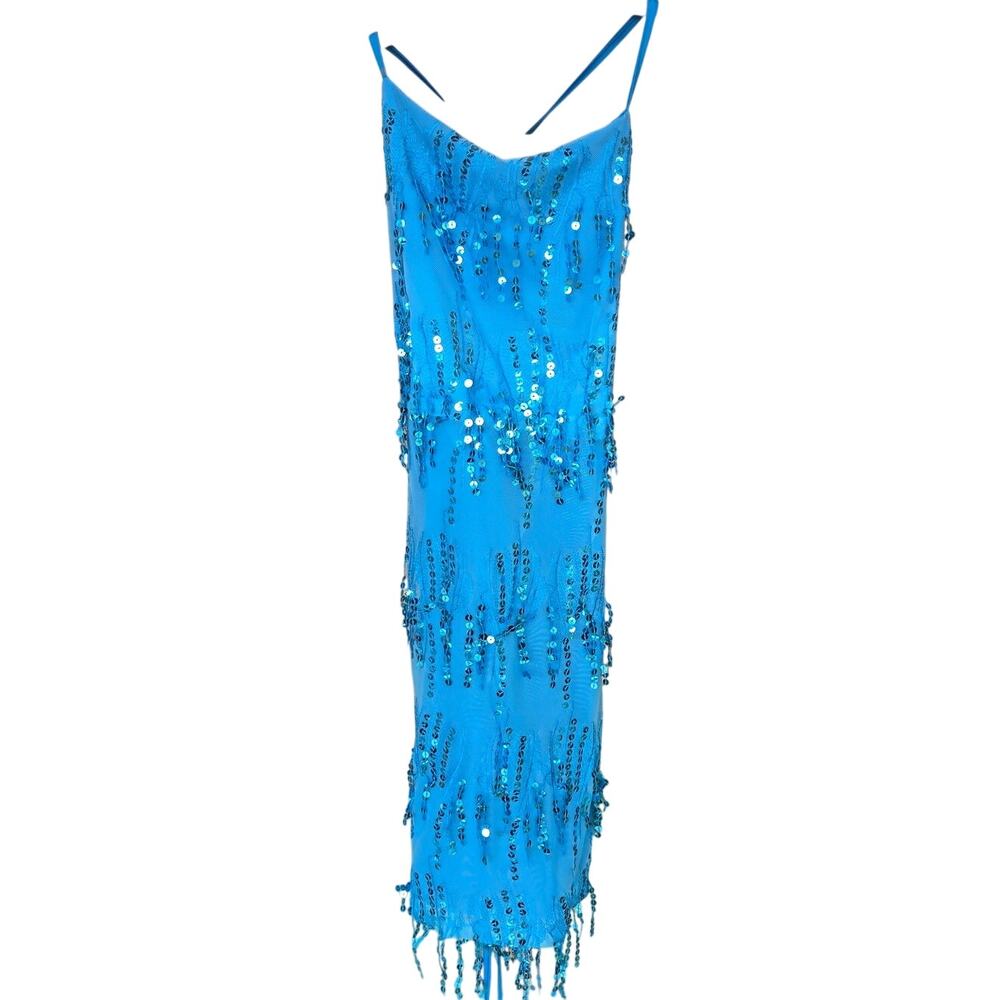 NWT OBEEII Medium Blue Sequins Fringe Sexy Bodycon Mini Dress [0026] - Picture 2 of 13